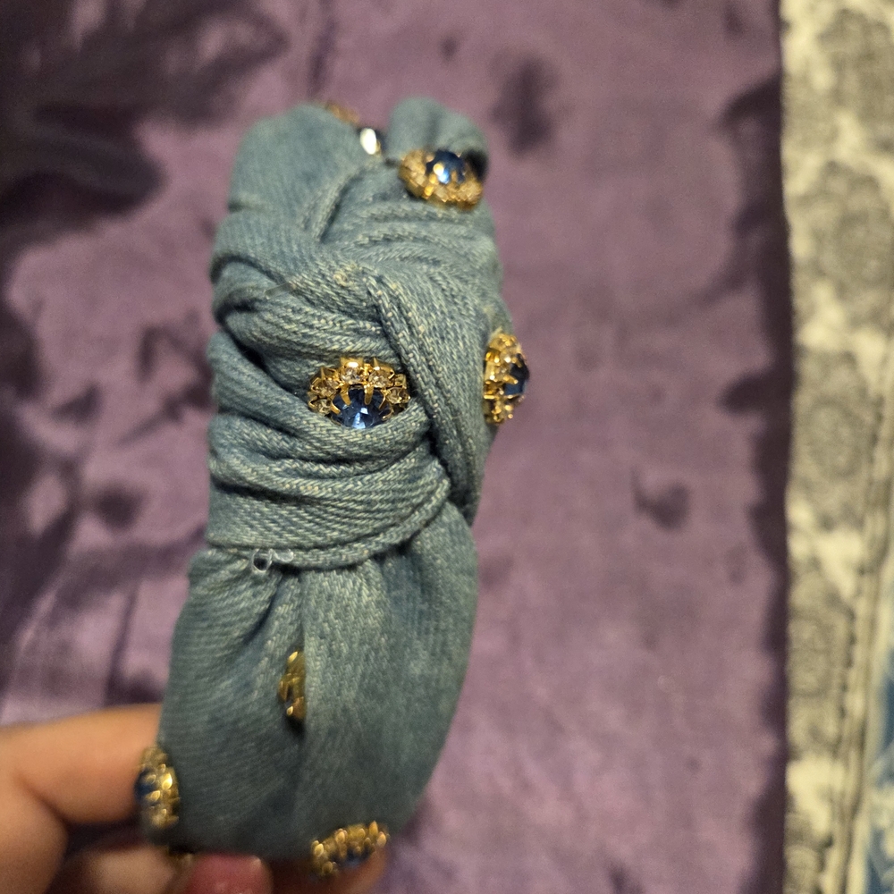 Denim Blue Headband with Gold and Blue Embellishments